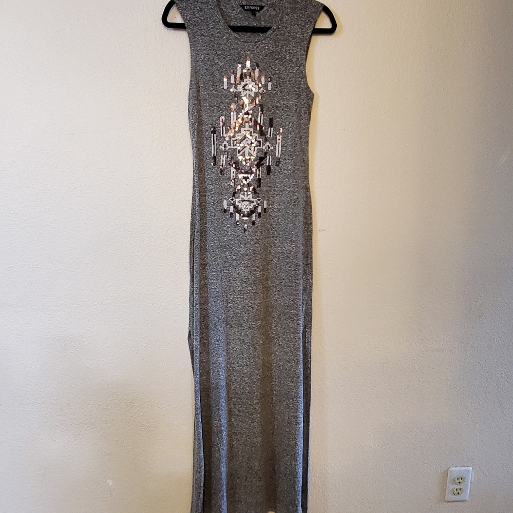 Ash Gray Long Dress with Sequins Detailing